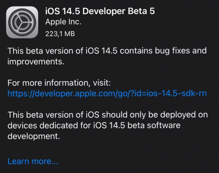 Вышла iOS 14.5 beta 5. Что нового